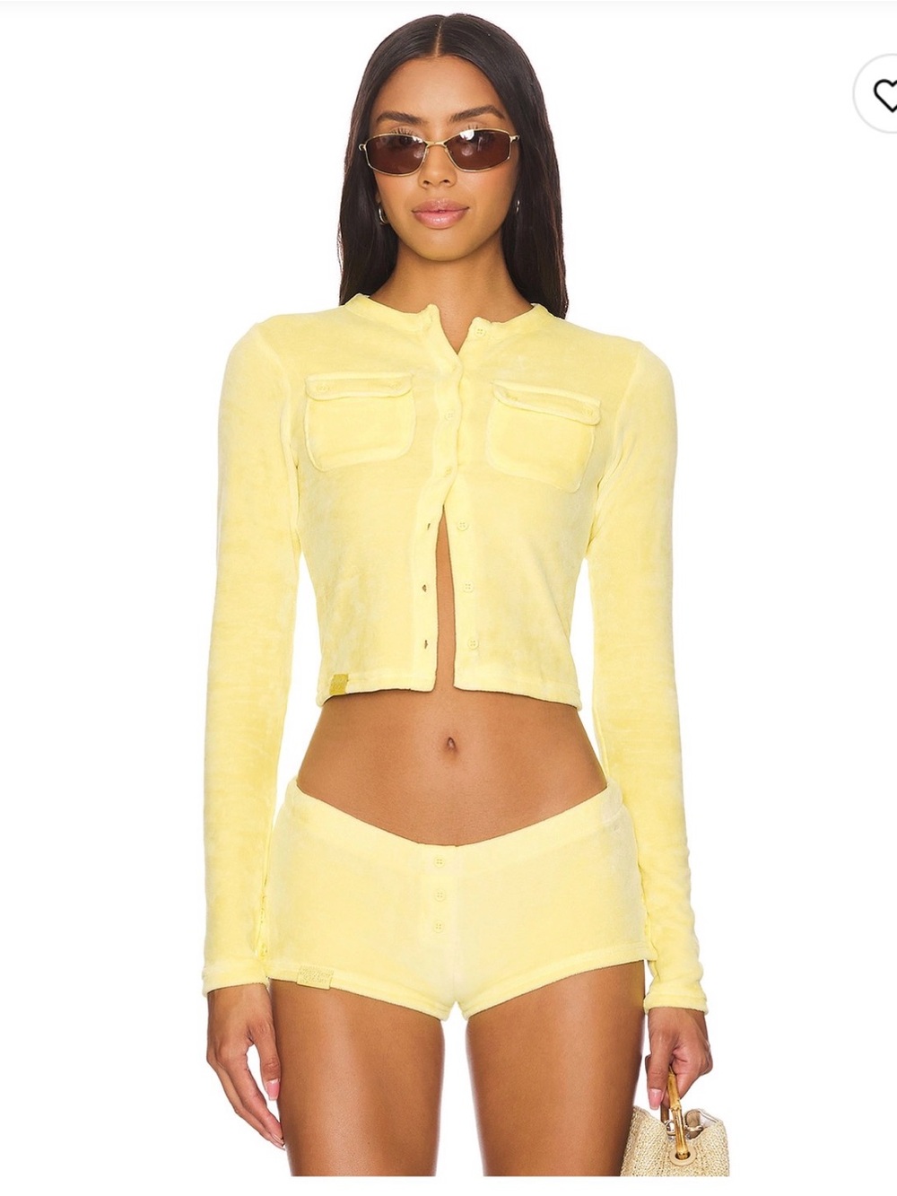 Jaded London Butter Yellow Velour Button-Up Crop Cardigan